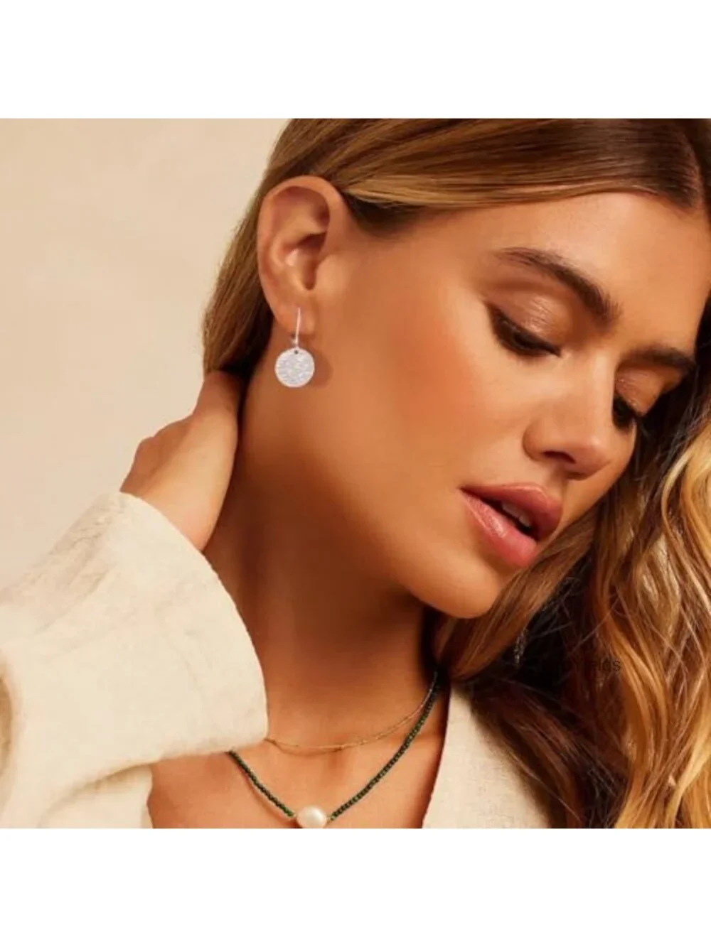 Silver Plated Brass Hammered Coin Drop Leverback Earrings Hypoallergenic 925